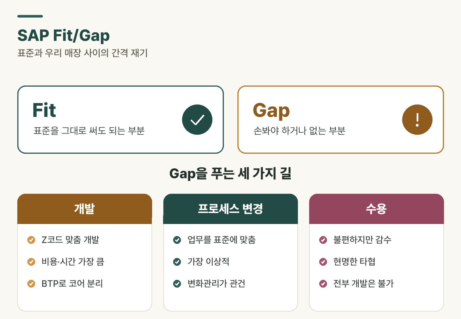 Diagram distinguishing Fit from Gap, and outlining the three ways to resolve a Gap: development, process change, or acceptance