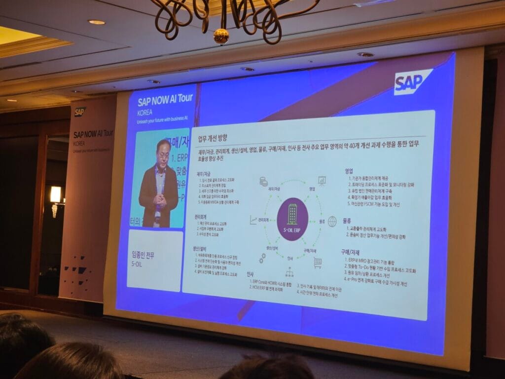 S-OIL의 SAP NOW AI Tour 발표 자료. ERP 개선과 AI 적용 계획 다이어그램.
